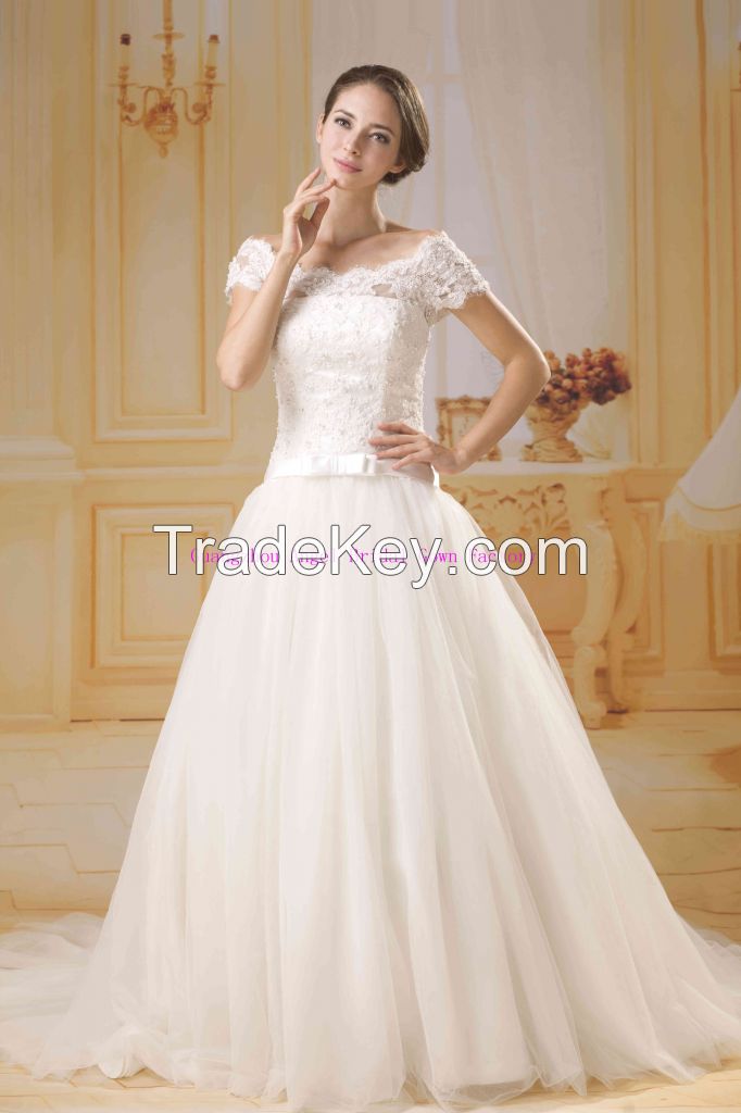 2015 guangzhou off shoulder puffy tulle ball wedding dresses with french lace AG013