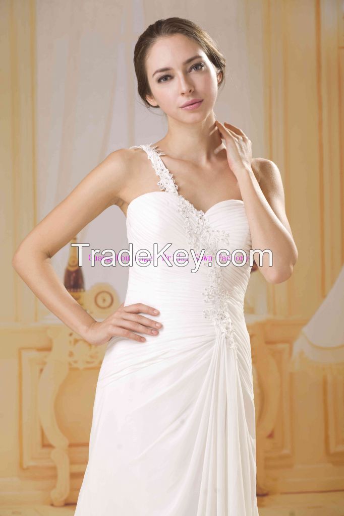 2015 guangzhou one shoulder chiffon wedding bridal dresses with beading floral motif AG014