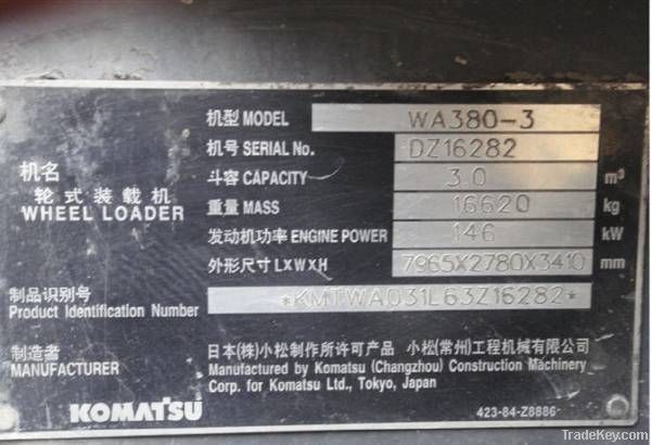 Used Wheel Loader, Komatsu WA380-3