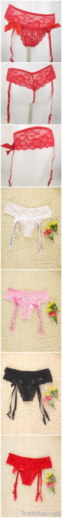 Openwork Embroidery Nylon Polyester Panties with Garters and Lace Trim