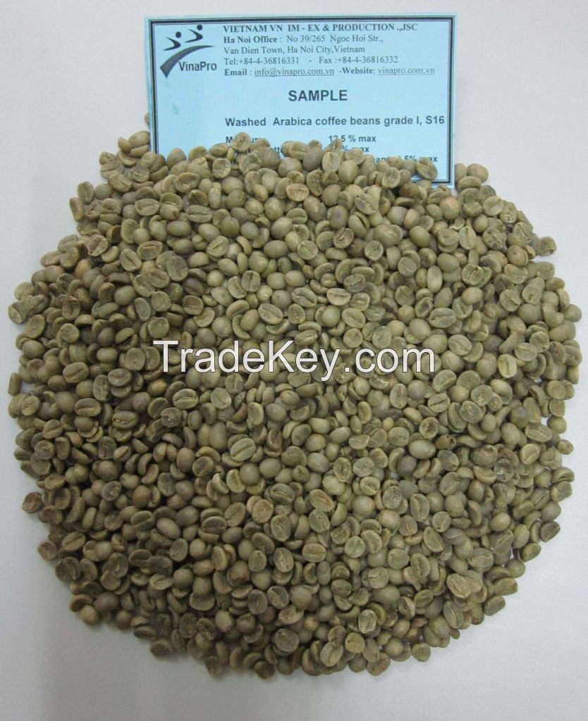 Washed Vietnam arabica green coffee beans S16