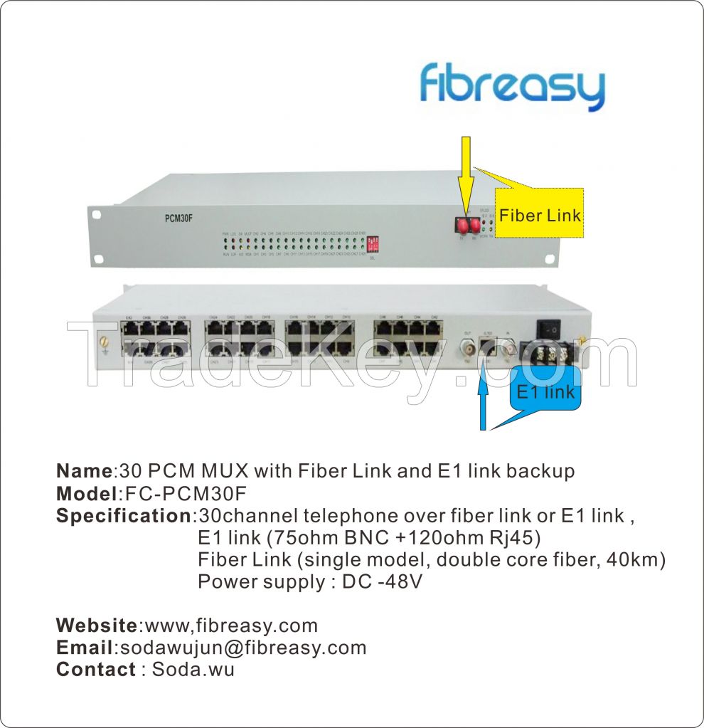 Telephone extender of 30CH PCM MUX with Fiber link and E1 link