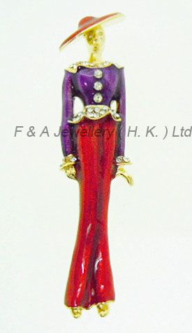 Brooch, clear, red+purple enamel, gold plated