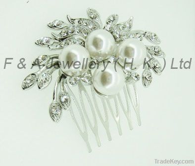 Hair Comb, White crystal +Pearl, Rhodium Plated