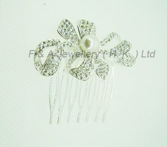 Hair Comb, White crystal +Pearl, Thick Silver plated