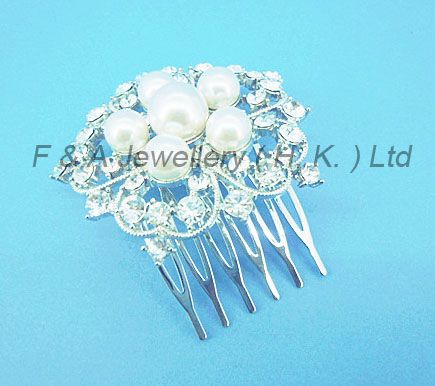Hair Comb, White crystal +Pearl, Rhodium Plated