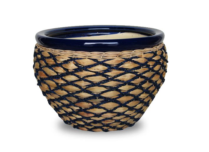 Ceramic planters with rattan, seagrass and water hyacinth weaving - WP-13063-3A