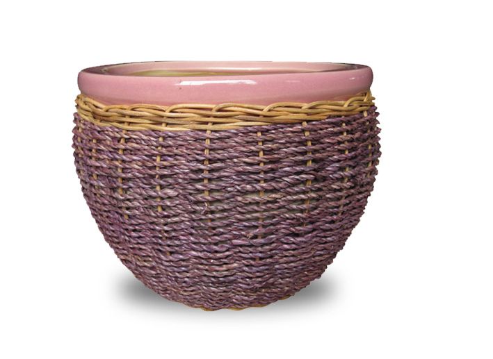 Ceramic planters with rattan, seagrass and water hyacinth weaving