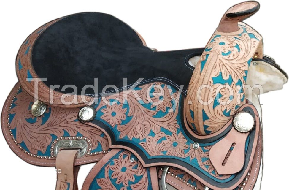 Genuine Leather western carving saddle with coloring , size 12,13,14,15,16,17,18