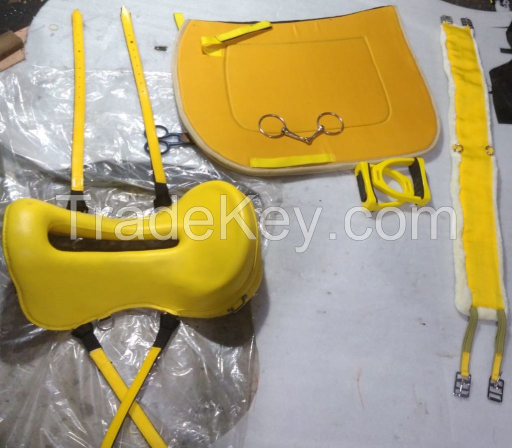 Genuine imported material synthetic saddle set with saddle pad,girth,pvc bridle and breast plate,plastic stirrups and steel bits