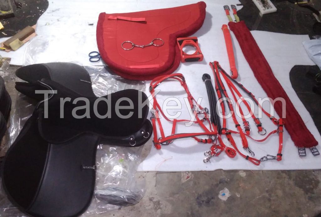 Genuine imported material status synthetic saddle set with saddle pad,girth,,pvc bridle and breast plate,plastic stirrups and steel bits