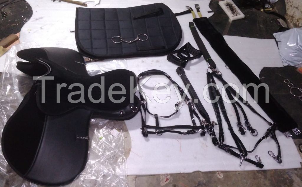 Genuine imported material status synthetic saddle set with saddle pad,girth,,pvc bridle and breast plate,plastic stirrups and steel bits