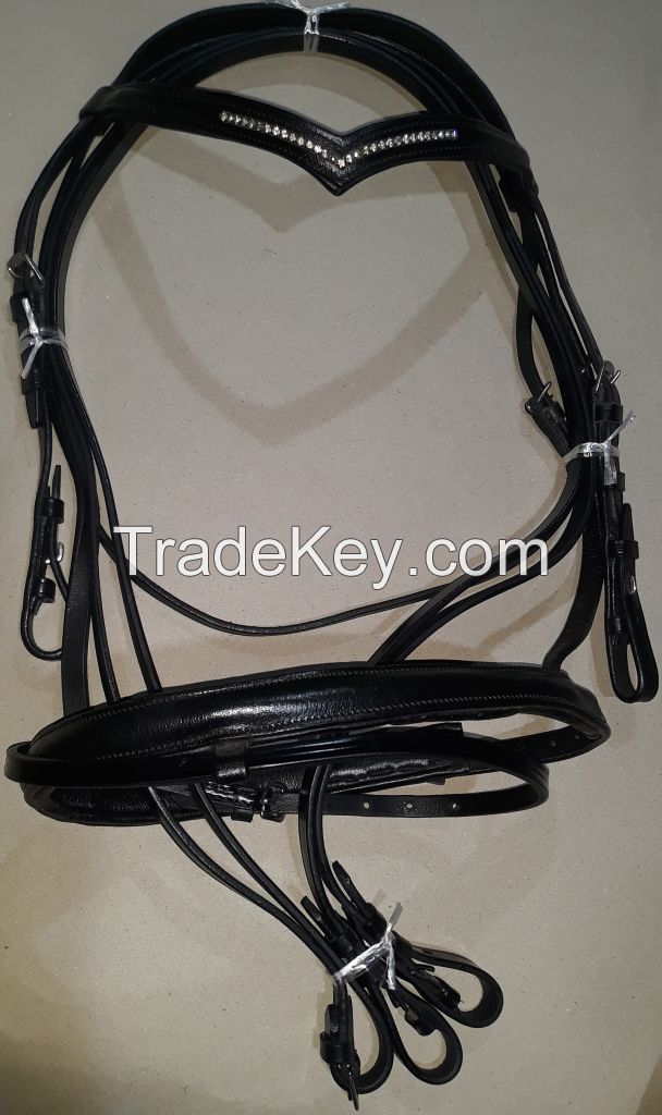 Genuine Imported  leather horse crystal bridle Black with rust proof fittings