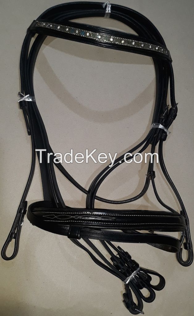 Genuine Imported  leather horse crystal V shape bridle Black with rust proof fittings