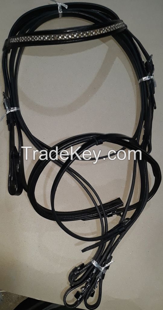 Genuine Imported  leather horse crystal bridle Black with rust proof fittings