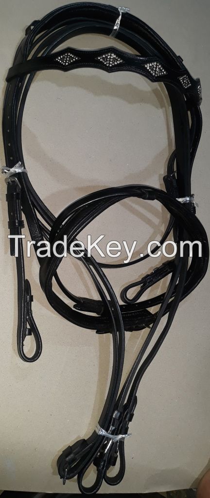Genuine Imported  leather crystal horse bridle Black with rust proof fittings