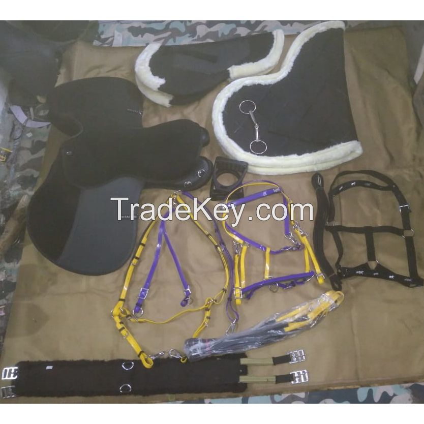 Genuine imported material status synthetic saddle set with jumping saddle pad,bareback pad,girth,colorful pvc bridle,pp bridle and breast plate,plastic stirrups and steel bits,bandages