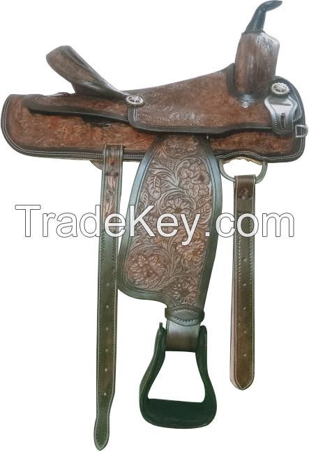 Genuine show western carving leather saddle with rust proof fittings
