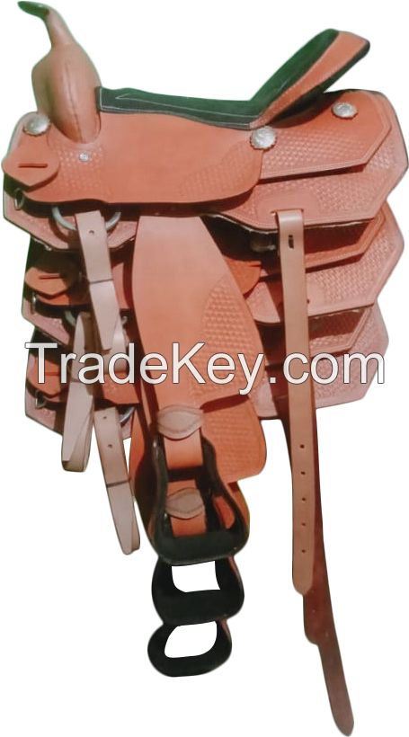 Genuine imported leather show western carving saddle with rust proof fittings