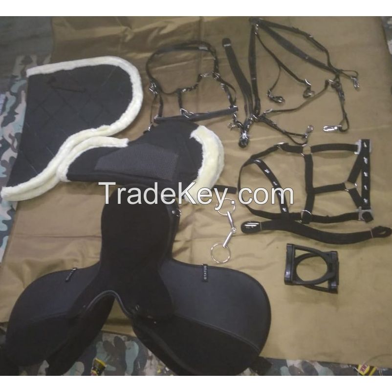 Genuine imported material status synthetic saddle set with jumping saddle pad,bareback pad,girth,colorful pvc bridle,pp bridle and breast plate,plastic stirrups and steel bits,bandages