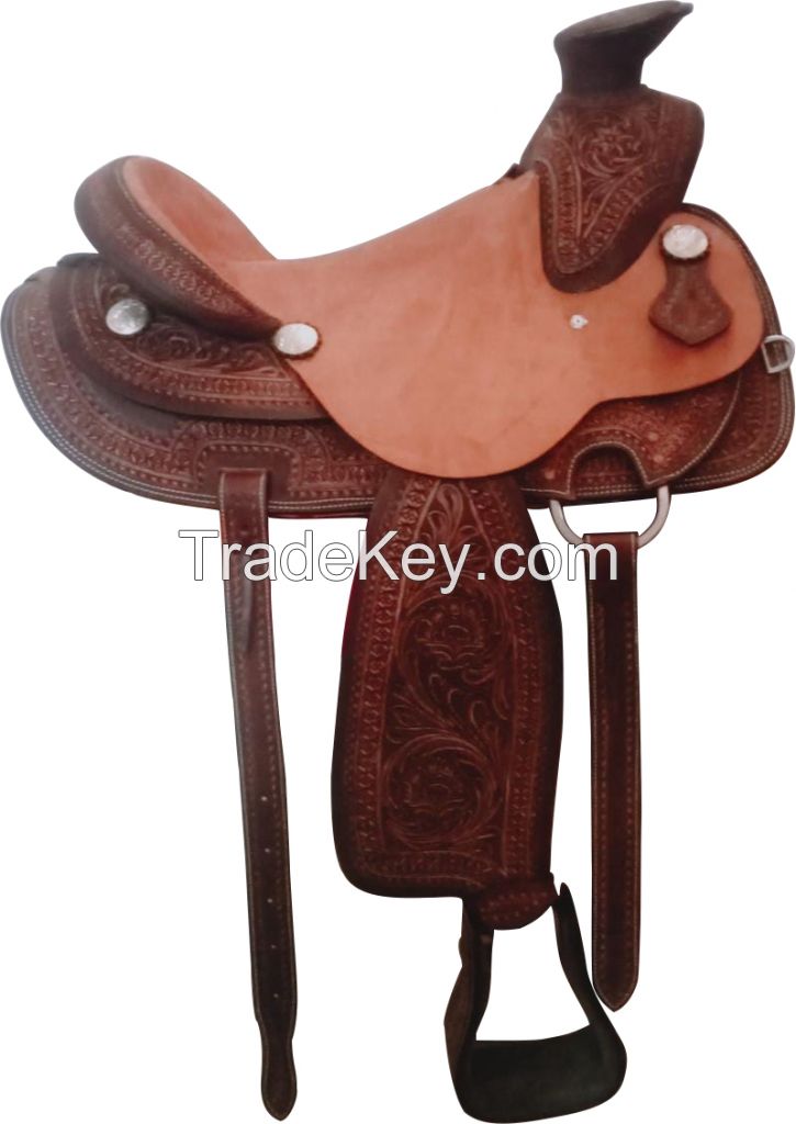 Genuine imported leather show western carving saddle with rust proof fittings