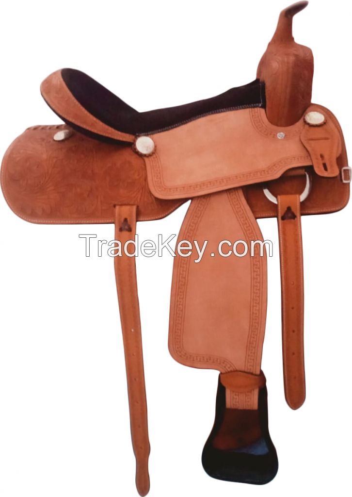 Genuine imported leather show western flower carving color saddle with rust proof fittings