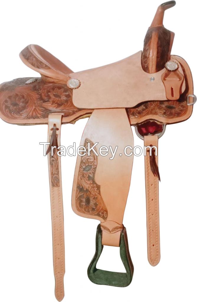 Genuine imported leather show western flower carving color saddle with rust proof fittings