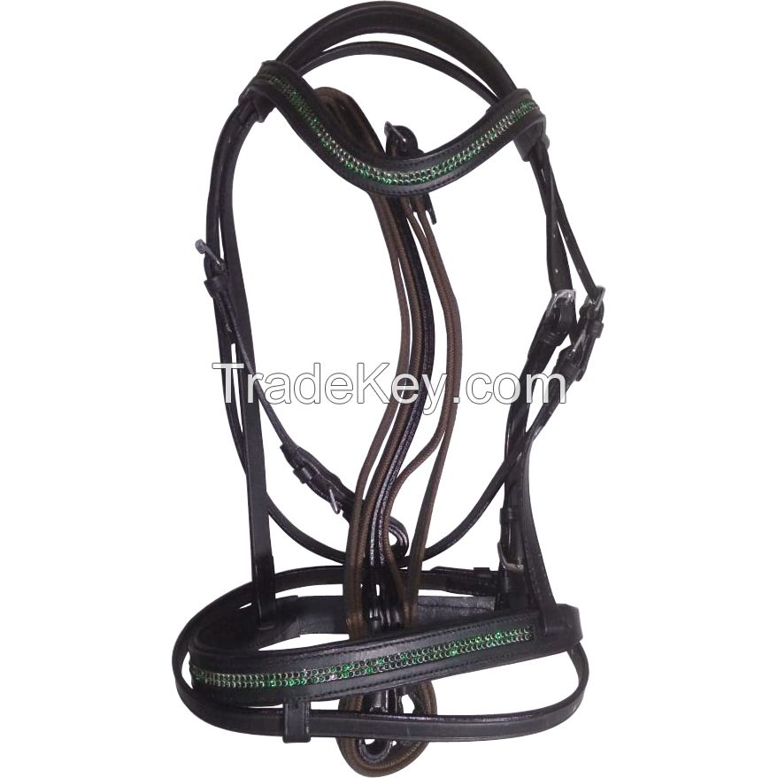 Genuine Imported  leather Green crystal horse bridle with rust proof fittings