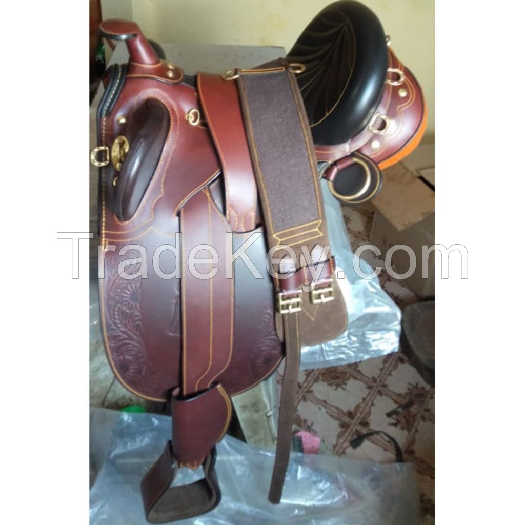 Genuine imported leather Australian stock horse carving saddles Brown with rust proof fittings