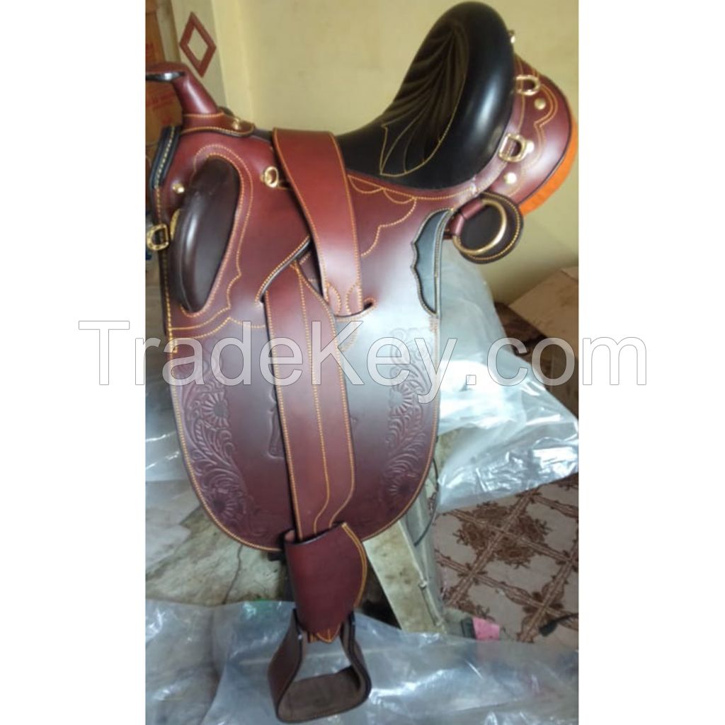 Genuine imported leather Australian stock horse carving saddles Brown with rust proof fittings