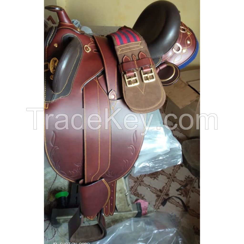 Genuine imported leather Australian stock Flowers carving saddle Brown with rust proof fittings