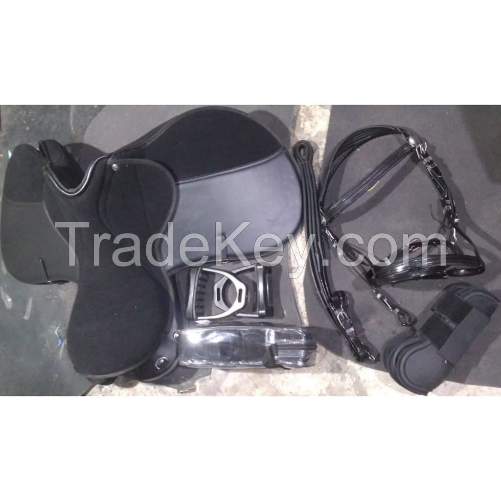 Genuine imported material status synthetic saddle set with PVC Premium Bridle,plastic stirrups,fleece bandages and tendon boots 