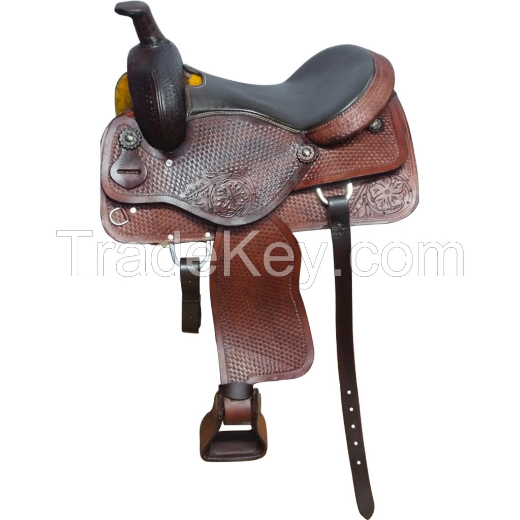 Genuine imported Leather western full tooling carving saddle brown with rust proof fitting