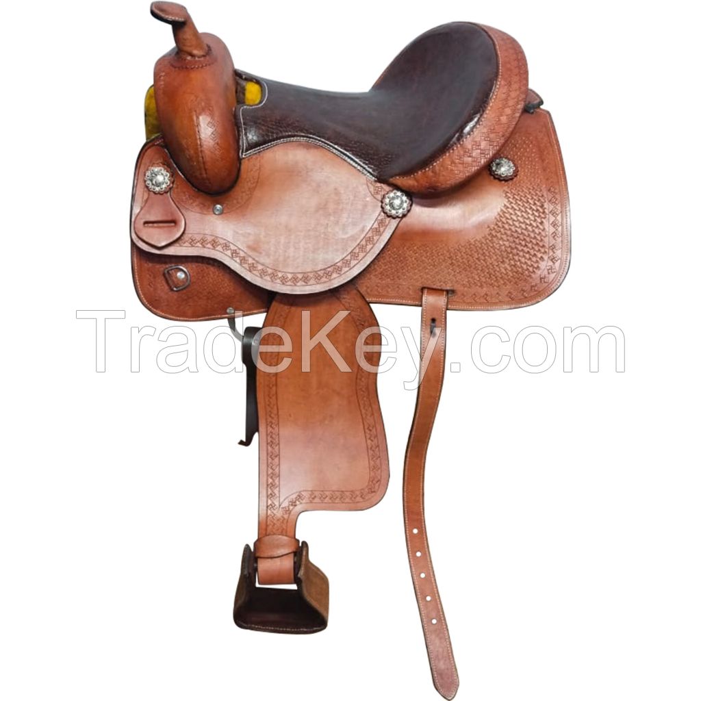 Genuine imported Leather western full tooling carving saddle brown with rust proof fitting