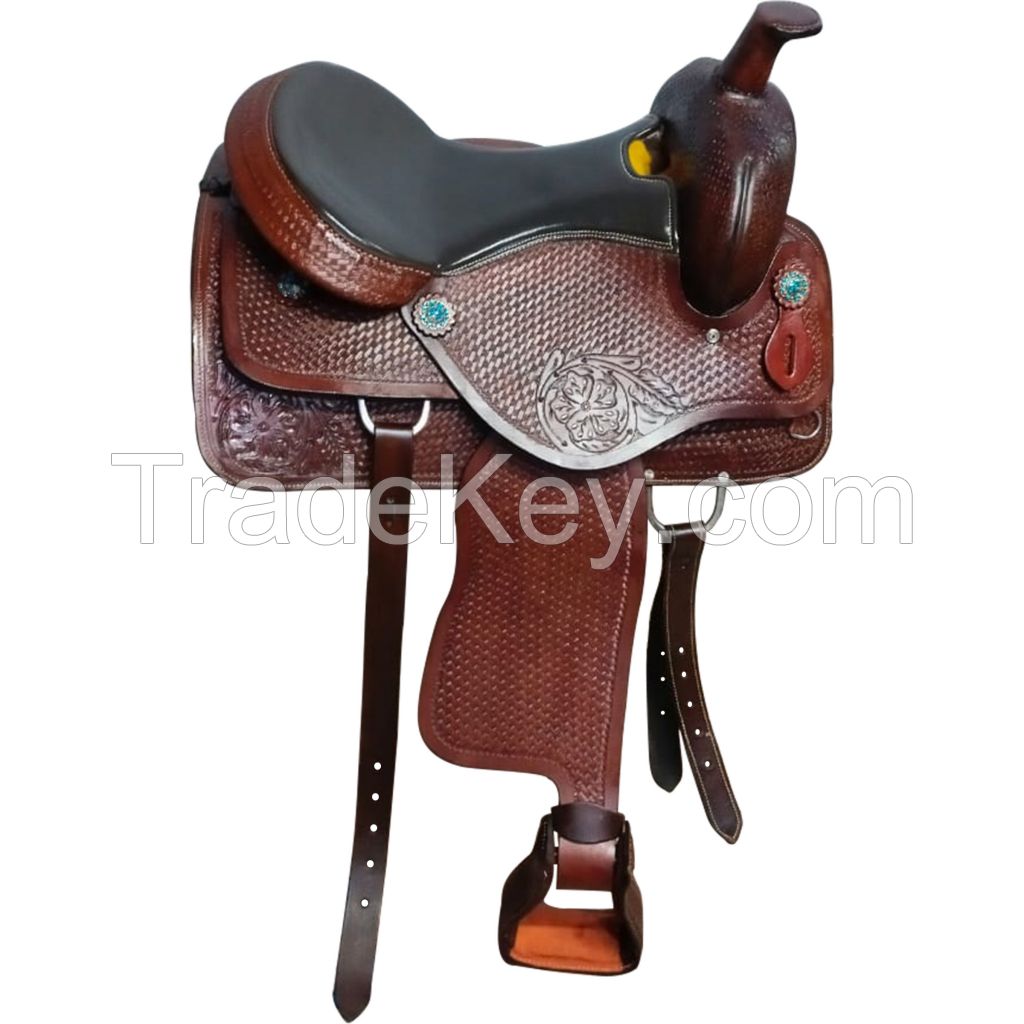 Genuine imported Leather western carved saddle brown with full steel fitting 