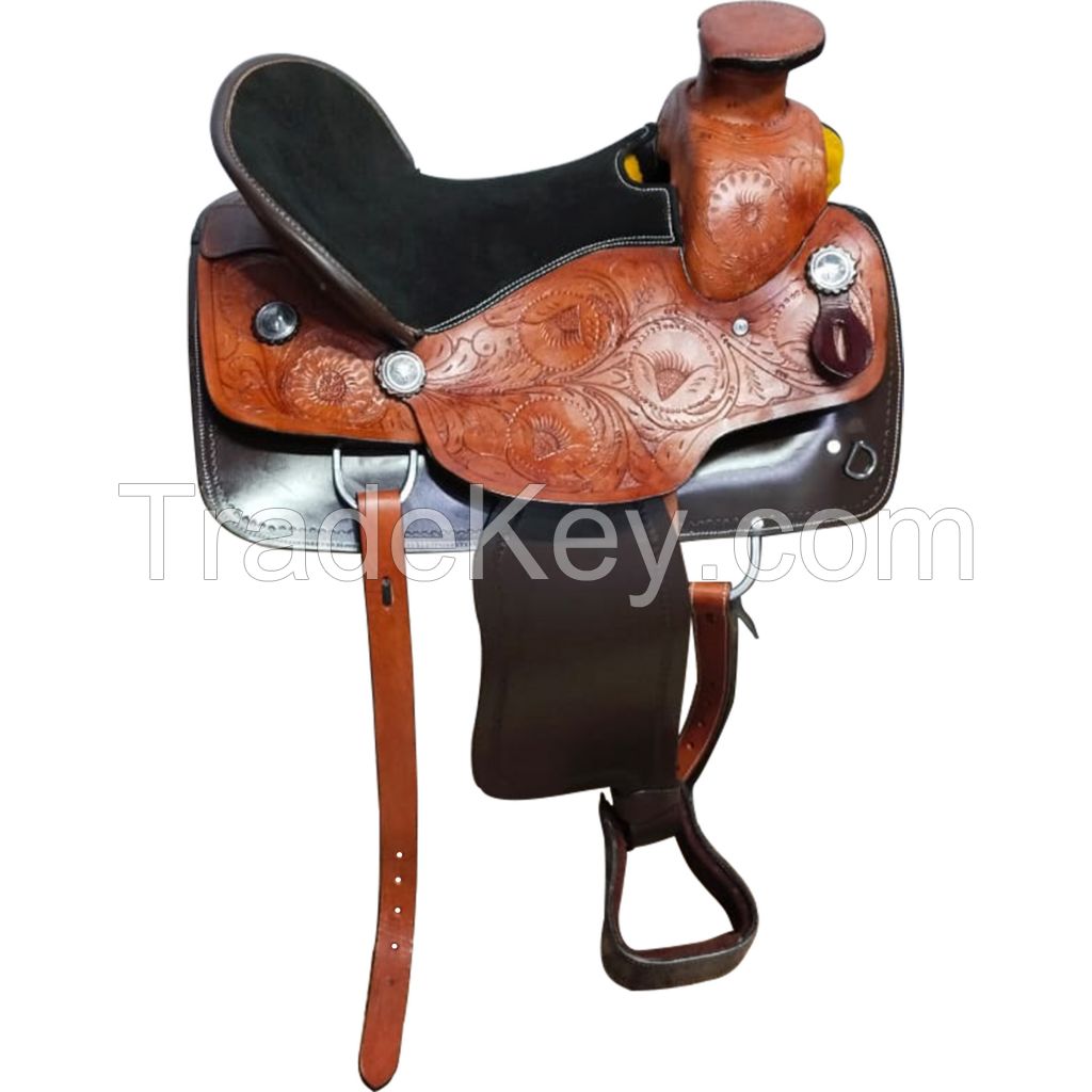 Genuine imported Leather western saddle thick carving with rust proof fitting