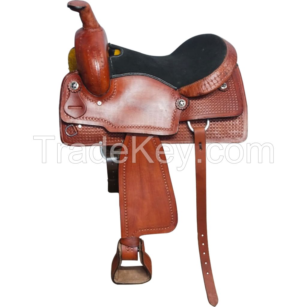 Genuine imported Leather western endurance carving saddle with rust proof fitting 