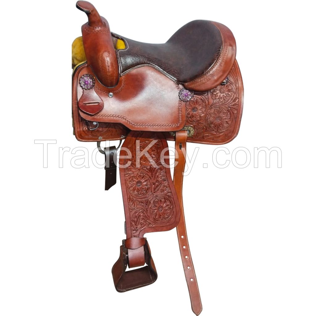 Genuine imported Leather western endurance carving saddle with rust proof fitting 