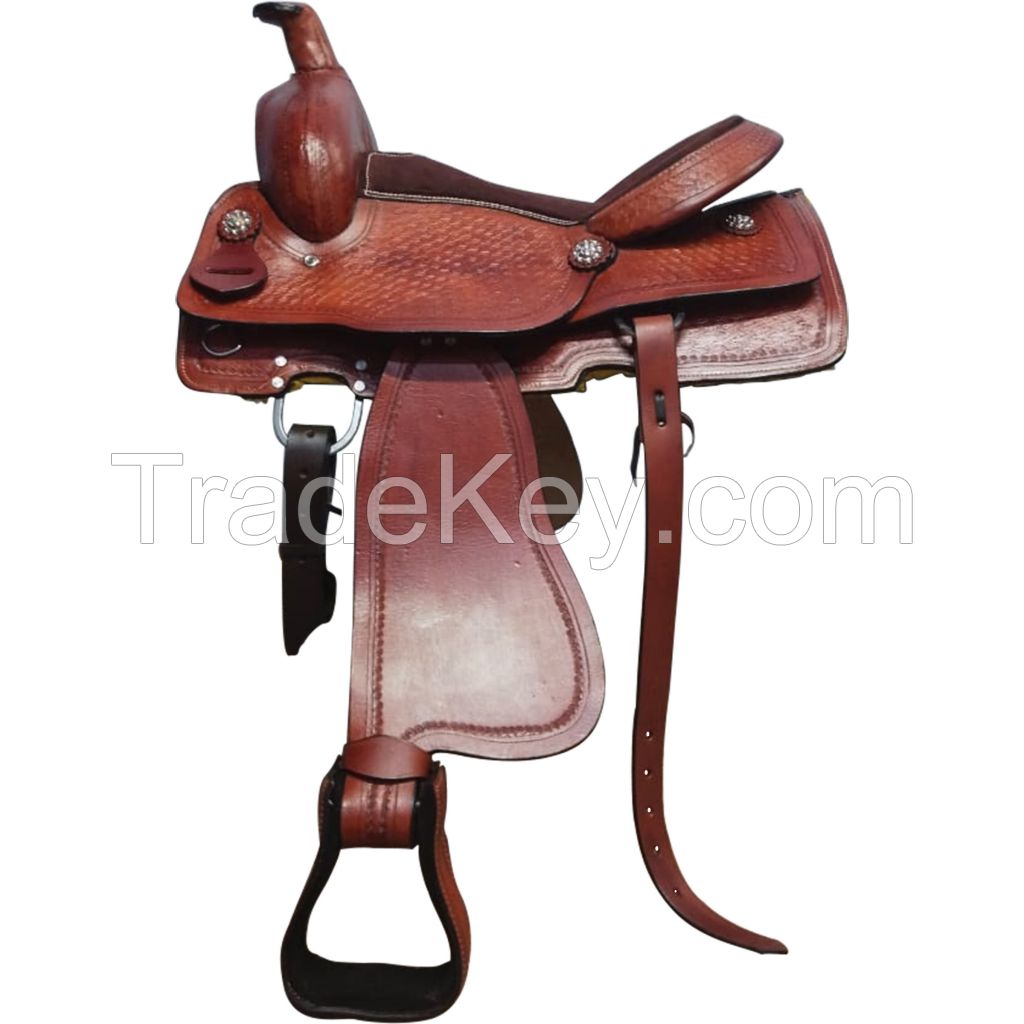 Genuine imported Leather western carved saddle brown with full steel fitting