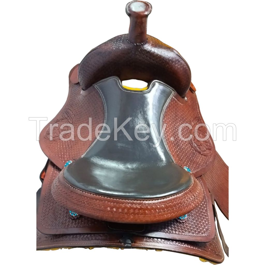 Genuine imported Leather western carved saddle brown with full steel fitting 