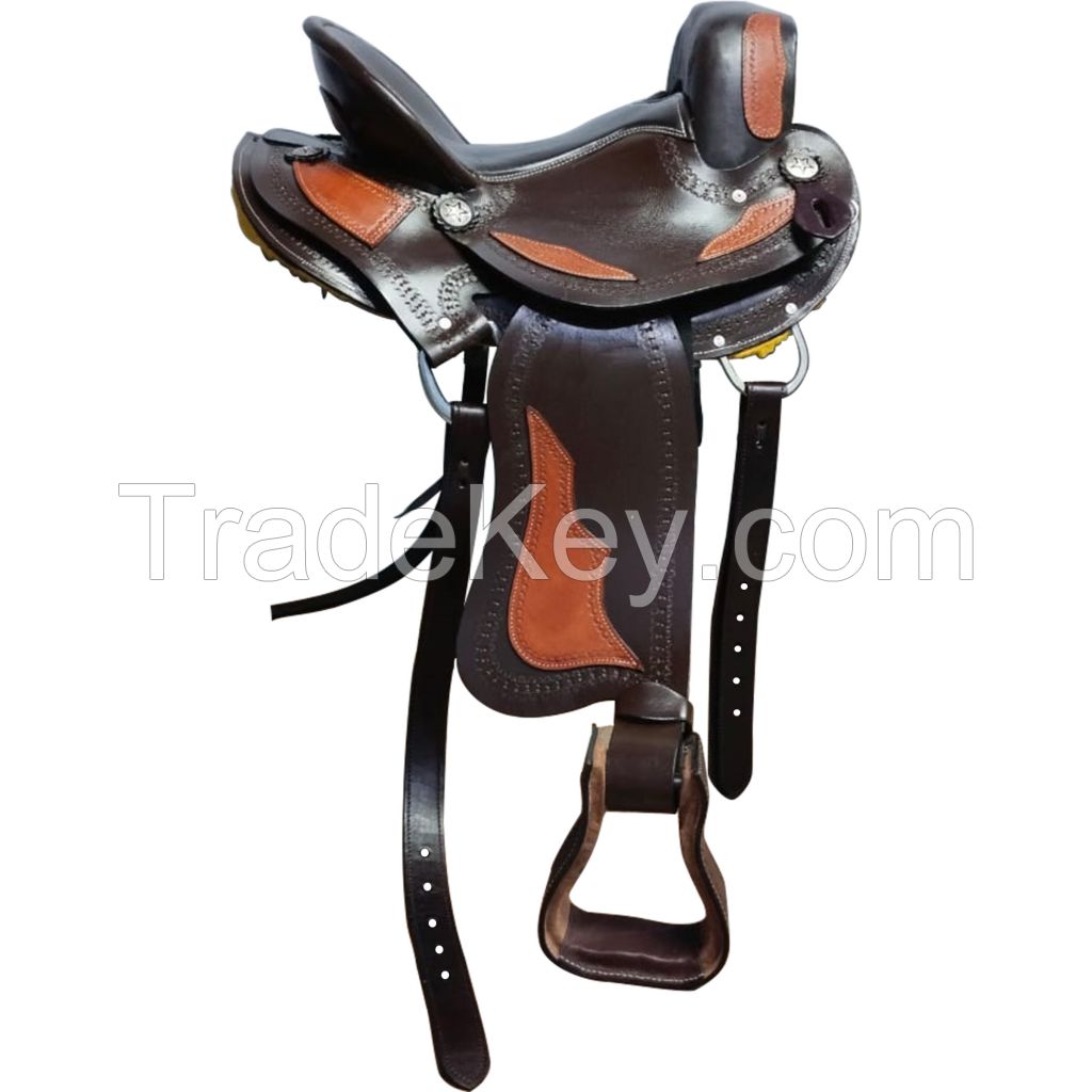 Genuine imported Leather western brown carving tooling saddle with rust proof fitting 