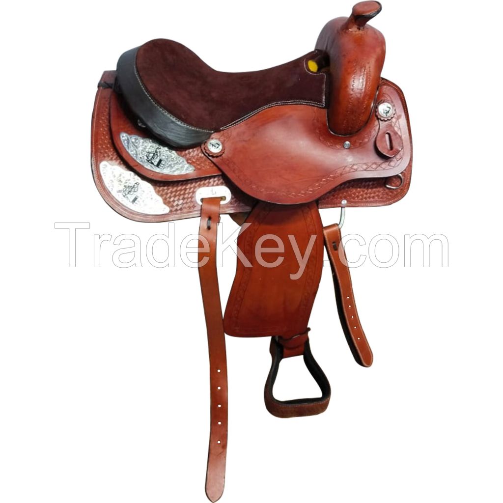 Genuine imported Leather western saddle sky blue carving with full steel fitting