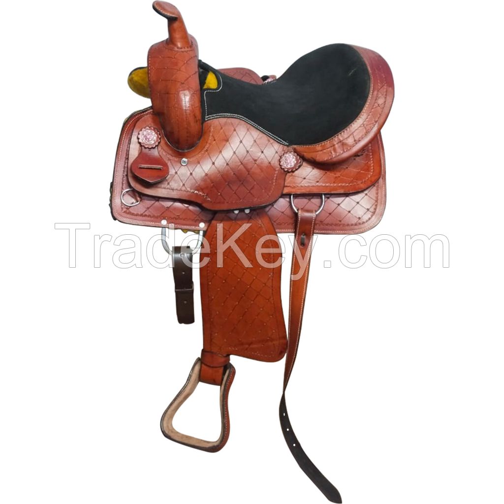 Genuine imported Leather western saddle sky blue carving with full steel fitting