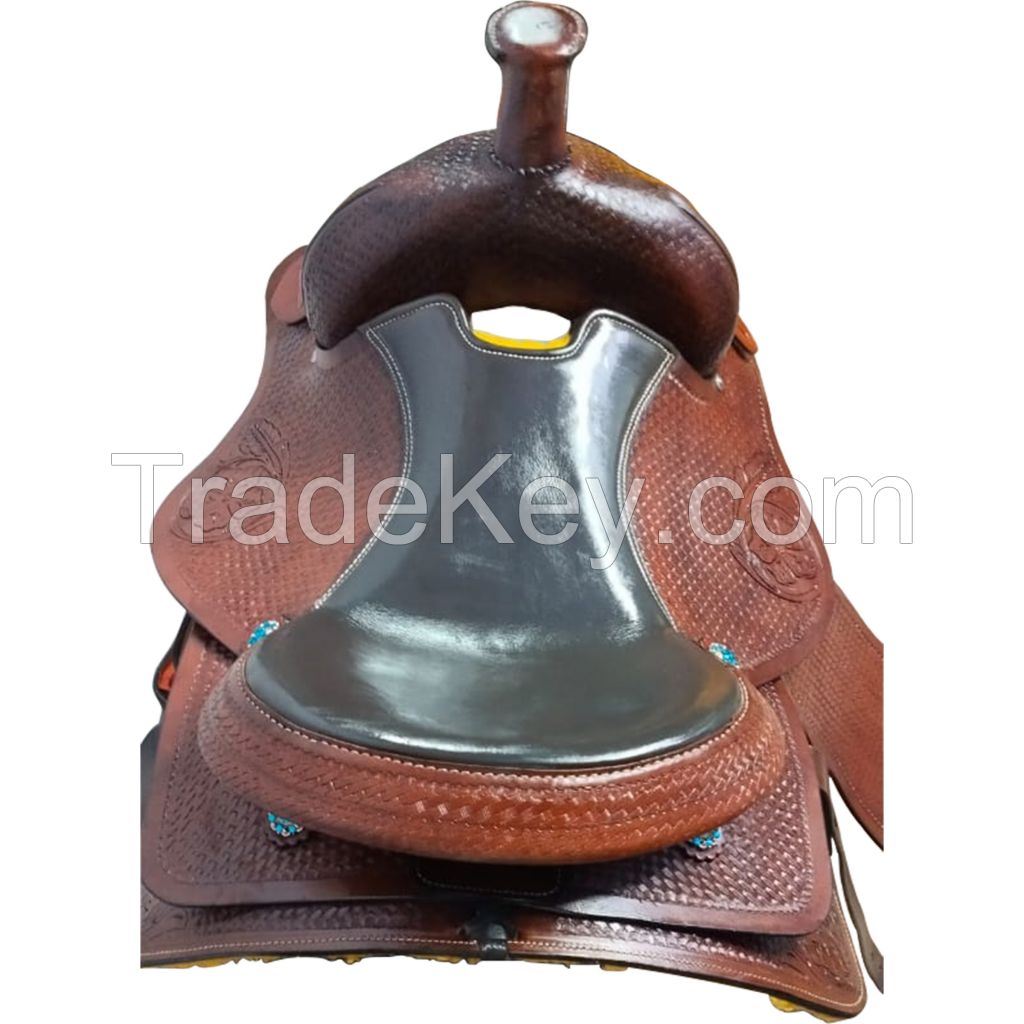 Genuine imported Leather western carving saddle tan with full steel fitting 