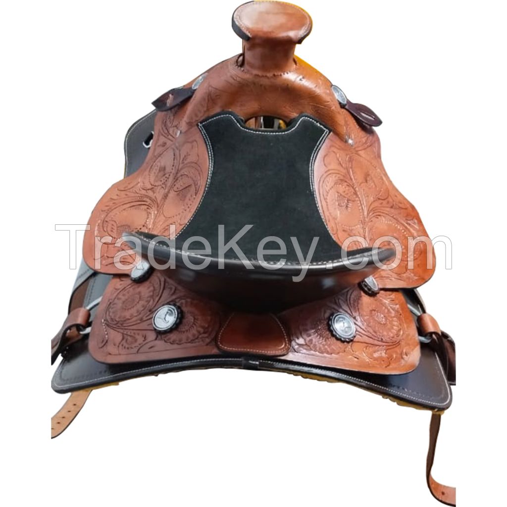 Genuine imported Leather western saddle thick carving with rust proof fitting 