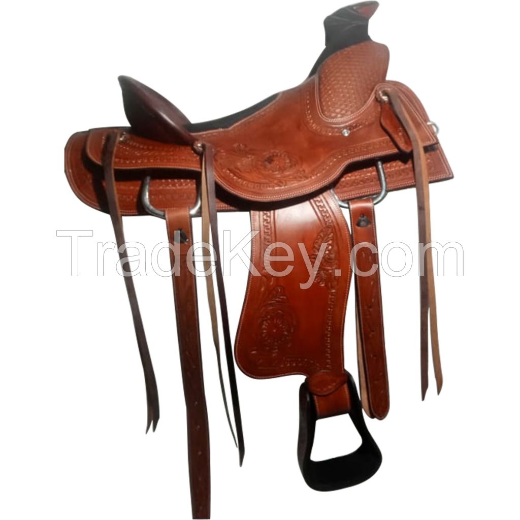 Genuine imported Leather endurance western saddle carving Tan with rust proof fitting 