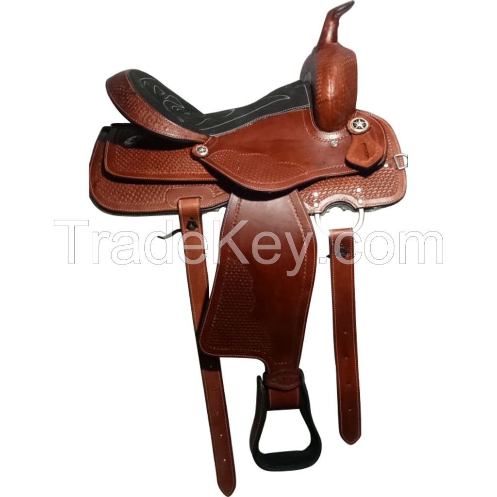 Genuine imported Leather western endurance saddle brown carving with rust proof fitting 