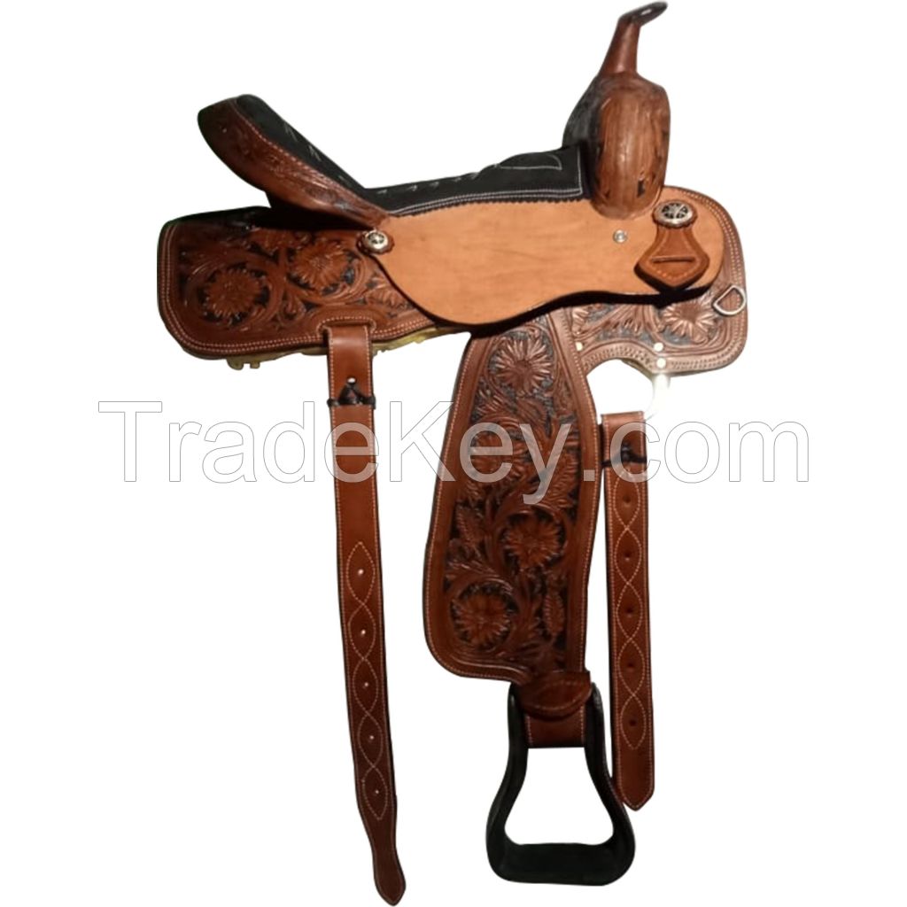 Genuine imported Leather western saddle carving brown with rust proof fitting 