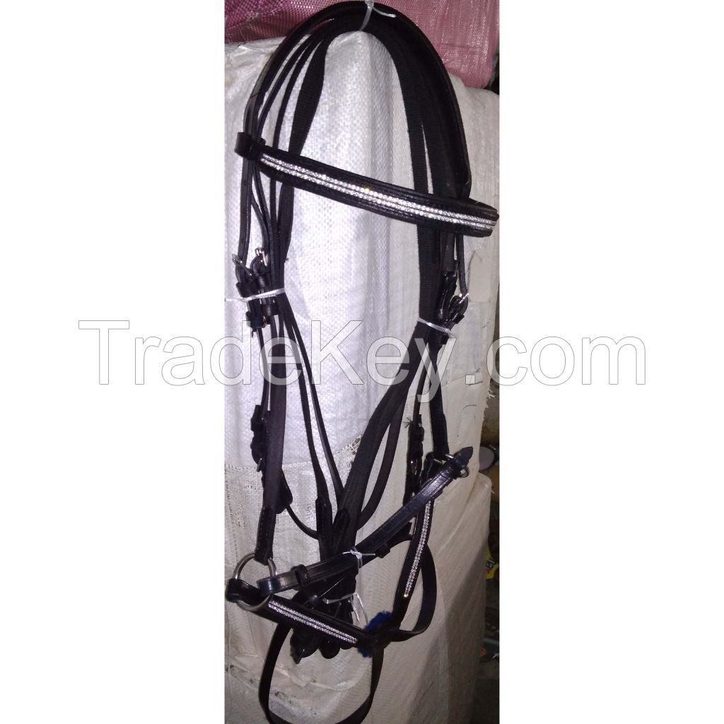 Genuine Imported  leather horse crystal bridle black with rust proof fittings