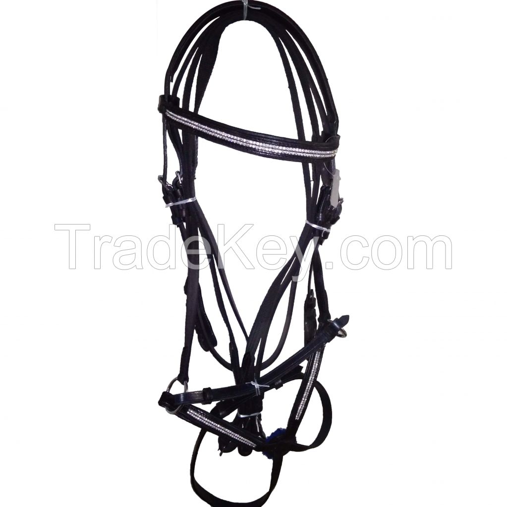 Genuine Imported  leather horse crystal bridle black with rust proof fittings